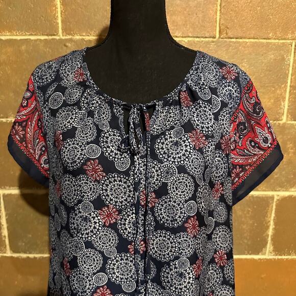 Christopher & Banks Navy Red Medallion Print Boho Top Blouse Women's L Large - Picture 3 of 8